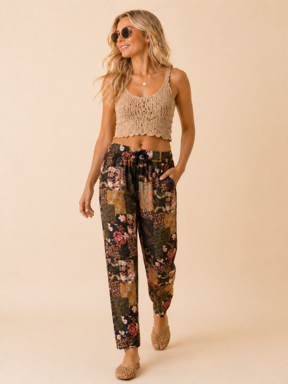 Tempo Paris Boho Patchwork Sueded Jogger Pants, SZ L NWT